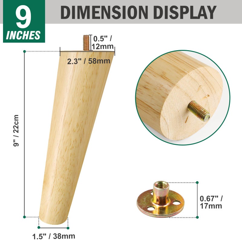 FoDau770 Rubber Wood Furniture Legs 9 Inches, Slant Tapered Wood Legs Mid Century Sofa Legs Set of 4, 5/16"" UNC Furniture Feet Replacement Legs for Cabinet Sofa Couch Dresser Chair Ottoman Table - Image 3